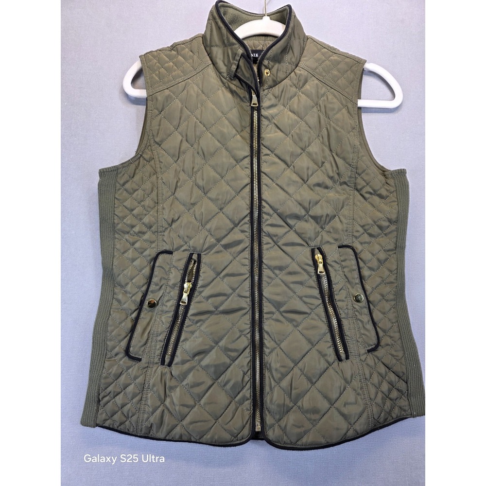 Fate Womens Medium Quilted Vest Olive Green Full Zip Ribbed Side Panels
